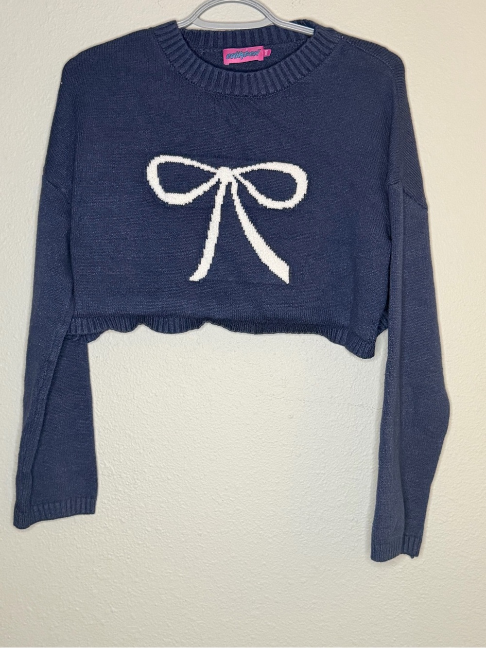 Edikted Womens Sweater Graphic Bow Cropped Navy Blue XS/S